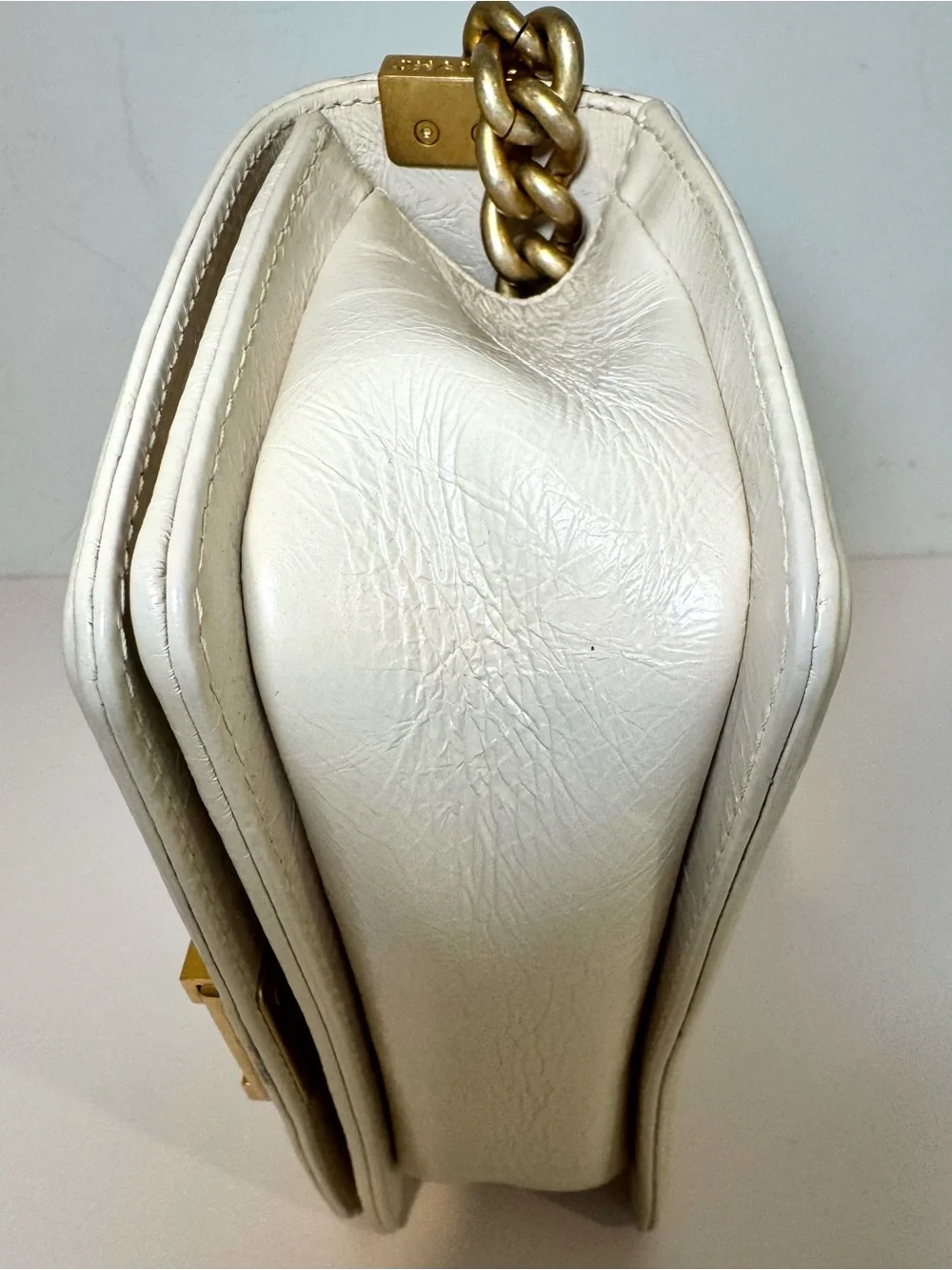 Chanel Small Chain Around Boy Bag W Cream Quilted Aged Calfskin & Gold Hardware